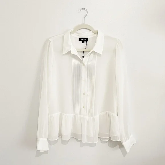 NWT DKNY Semi-Sheer Pleated Ruffle Hem Button Down Blouse Shirt L - Picture 1 of 8